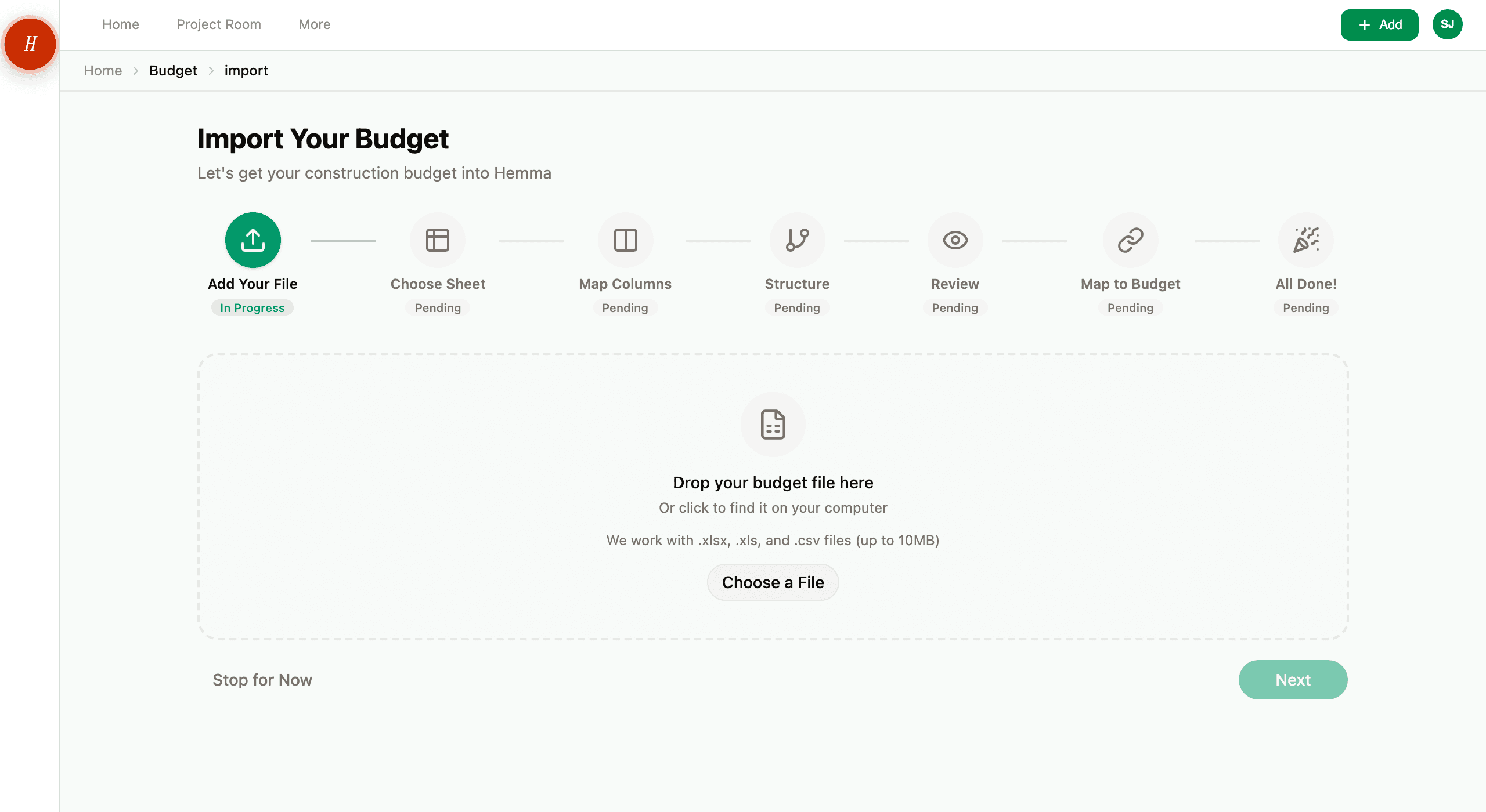 The budget import wizard at the file upload step