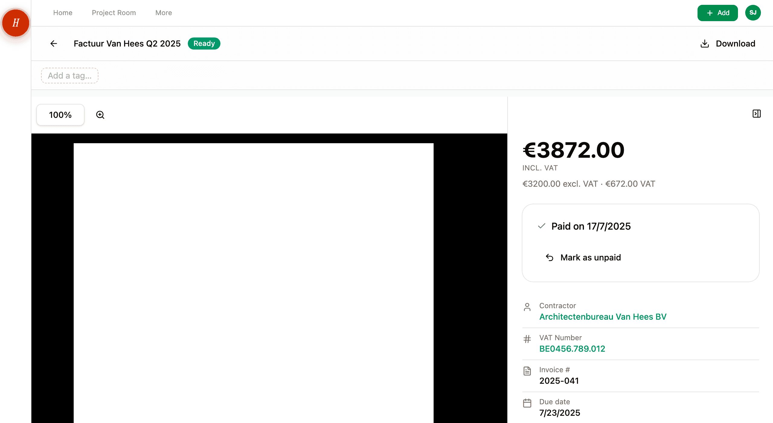 A processed invoice showing the PDF and extracted data side by side