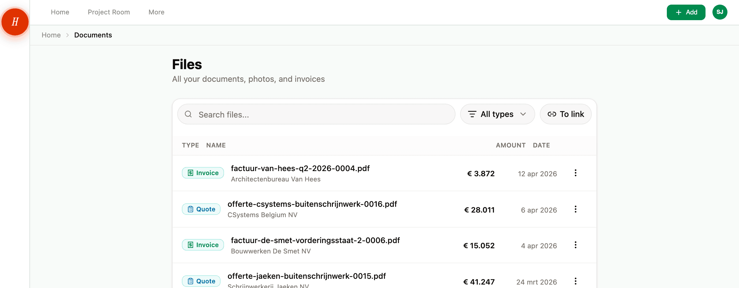 The files list showing document types, contractor names, and amounts