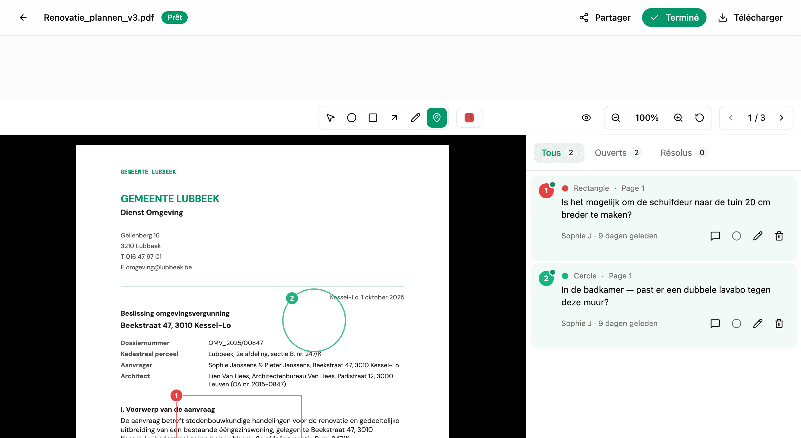La barre d'outils d'annotation montrant les cinq outils et la palette de huit couleurs sur un plan
