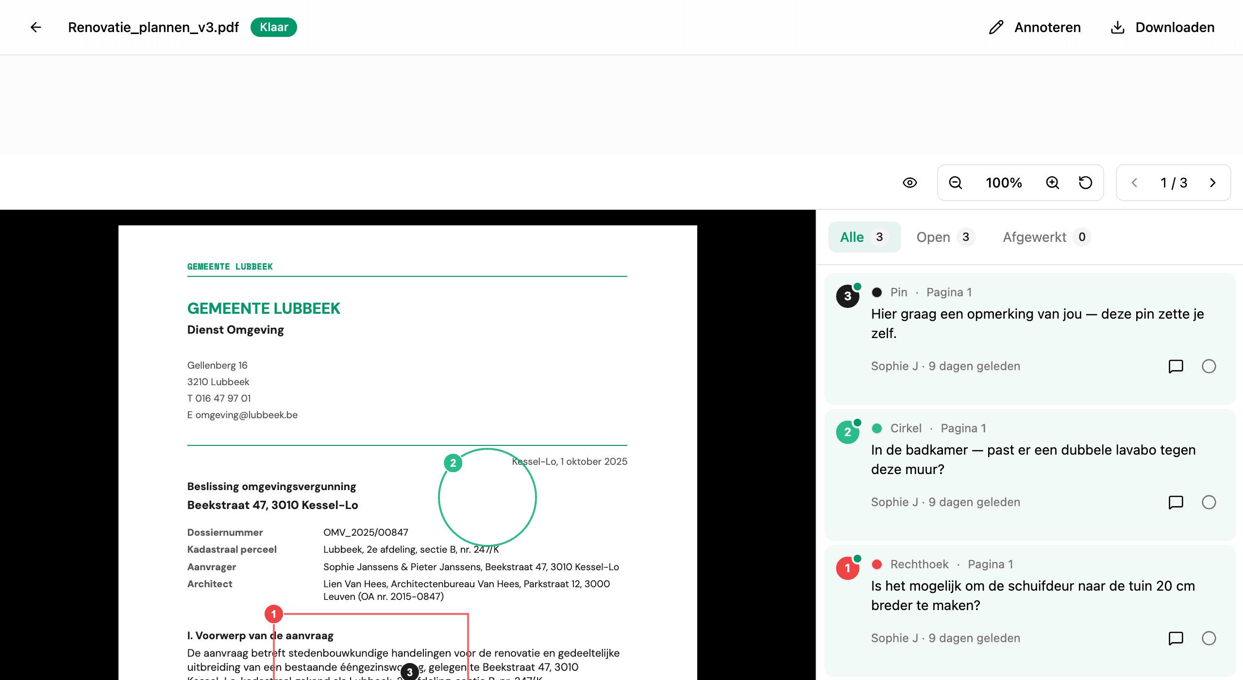 Een annotatiekaart met een opmerking, een gespreksdraad en een afgewerkt-label
