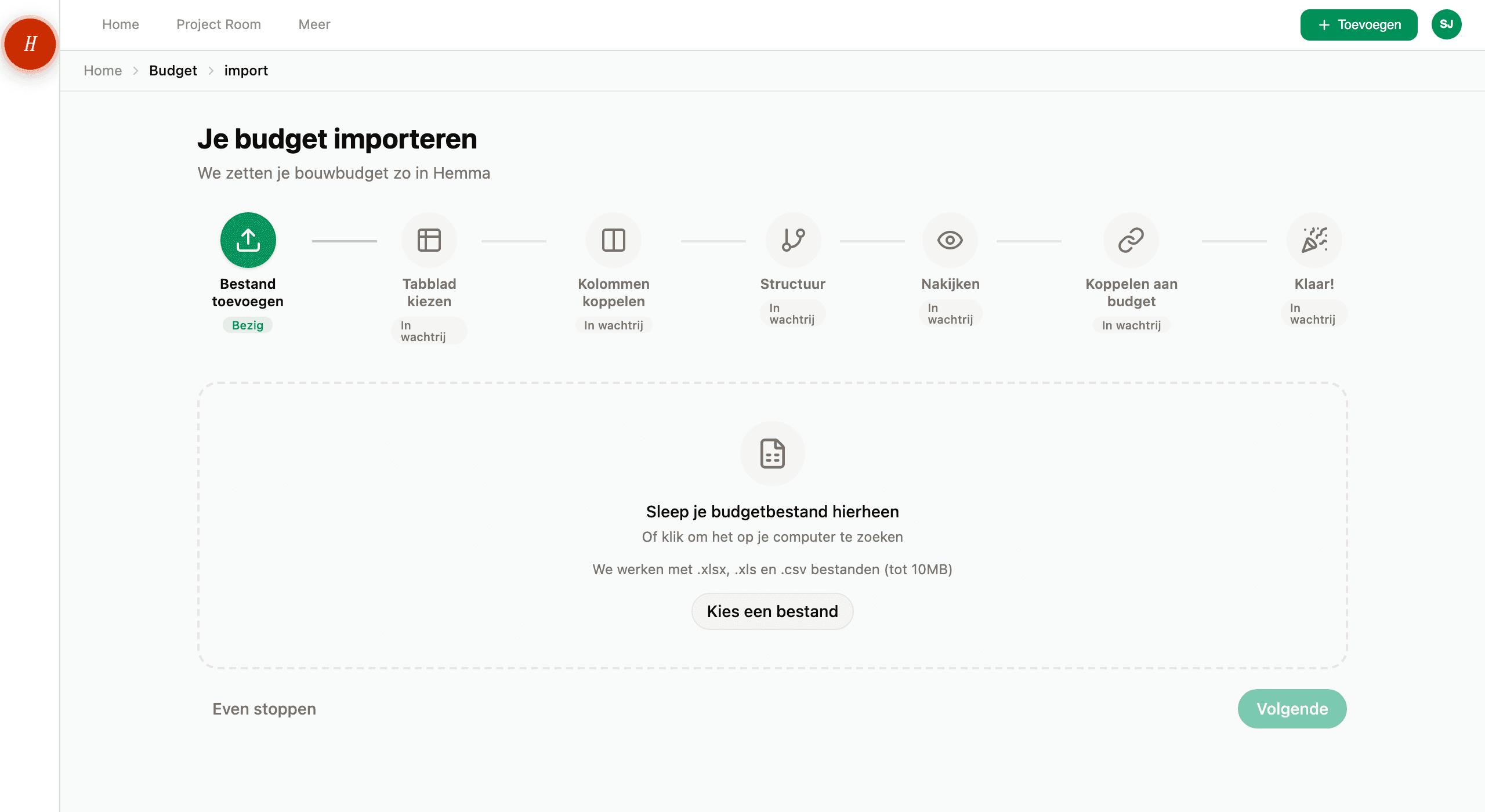 De budgetimportwizard bij de stap om je bestand te uploaden