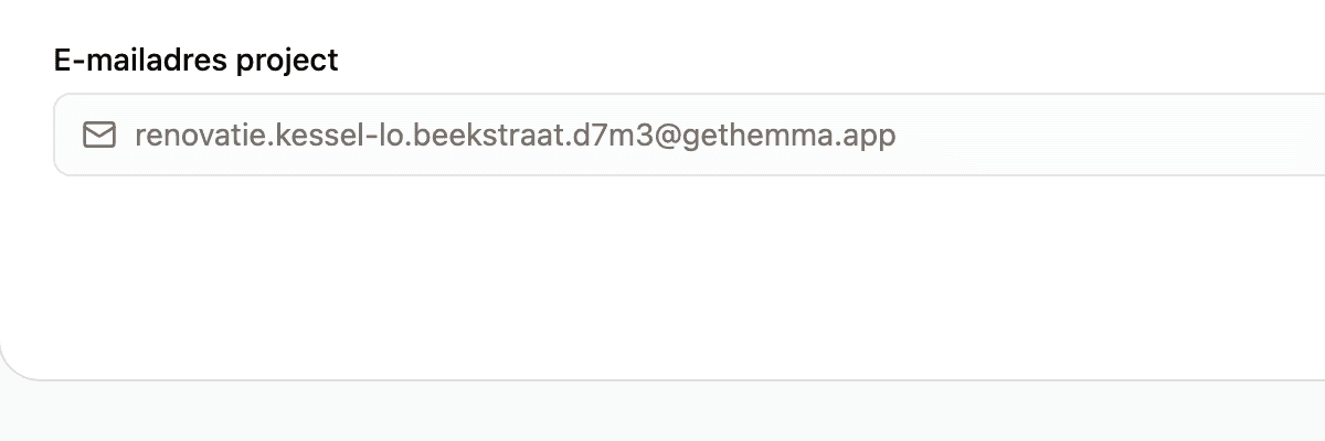 Het project-e-mailadres op het startscherm met een kopieerknop