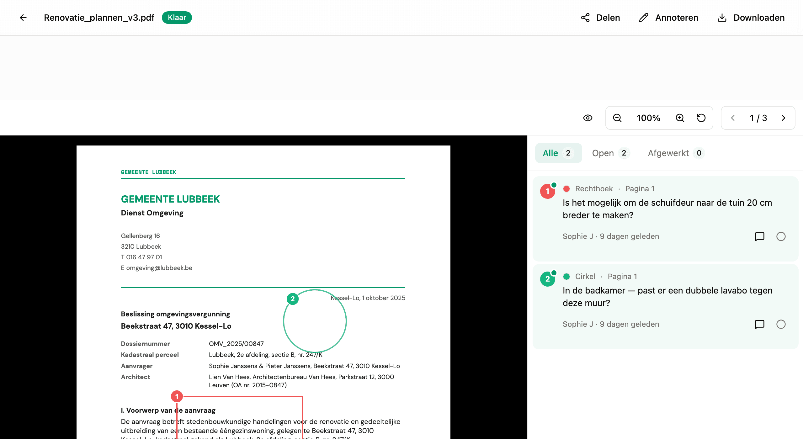 Een plan geopend in Hemma met de Annoteren-knop bovenaan de viewer gemarkeerd