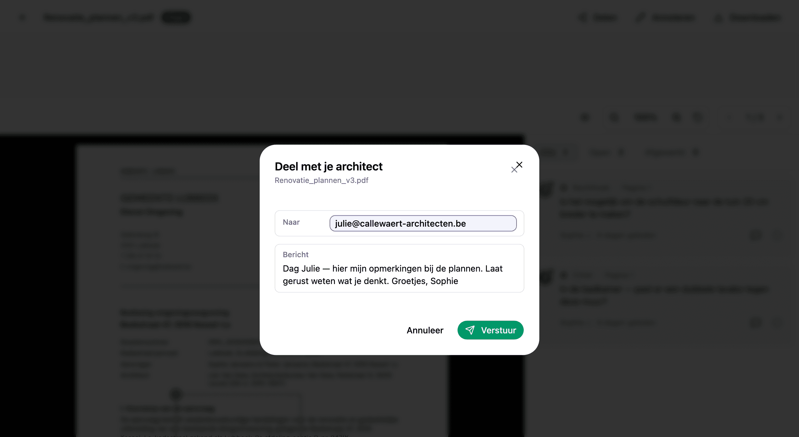 Het deeldialoogvenster op een plan, met een veld voor het e-mailadres van de architect